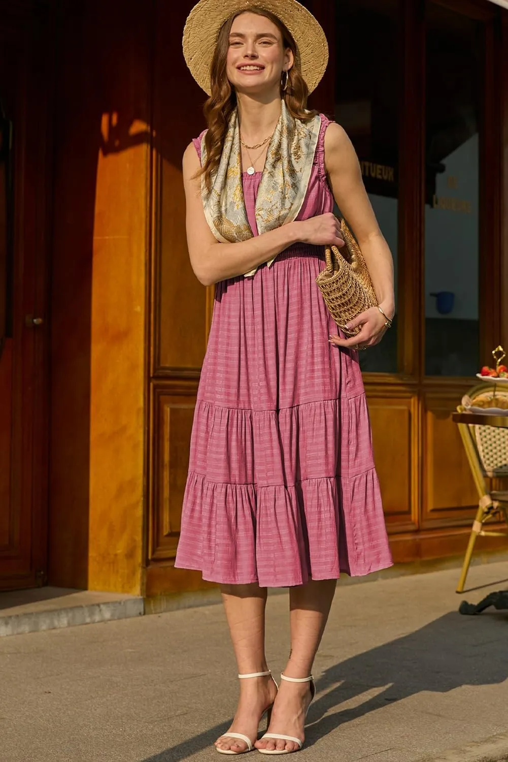AlvaQ Women Summer Dresses Sleeveless Smocked Midi Dress High Waist Casual Tiered A Line Sundress with Pockets