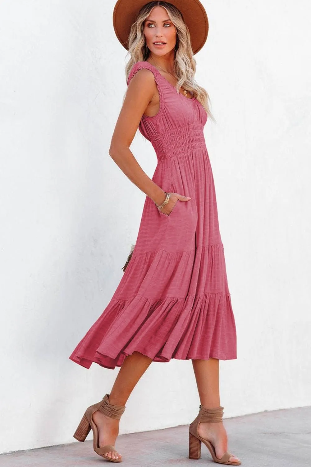 AlvaQ Women Summer Dresses Sleeveless Smocked Midi Dress High Waist Casual Tiered A Line Sundress with Pockets