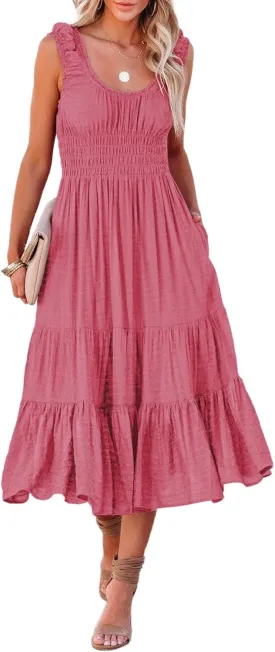 AlvaQ Women Summer Dresses Sleeveless Smocked Midi Dress High Waist Casual Tiered A Line Sundress with Pockets