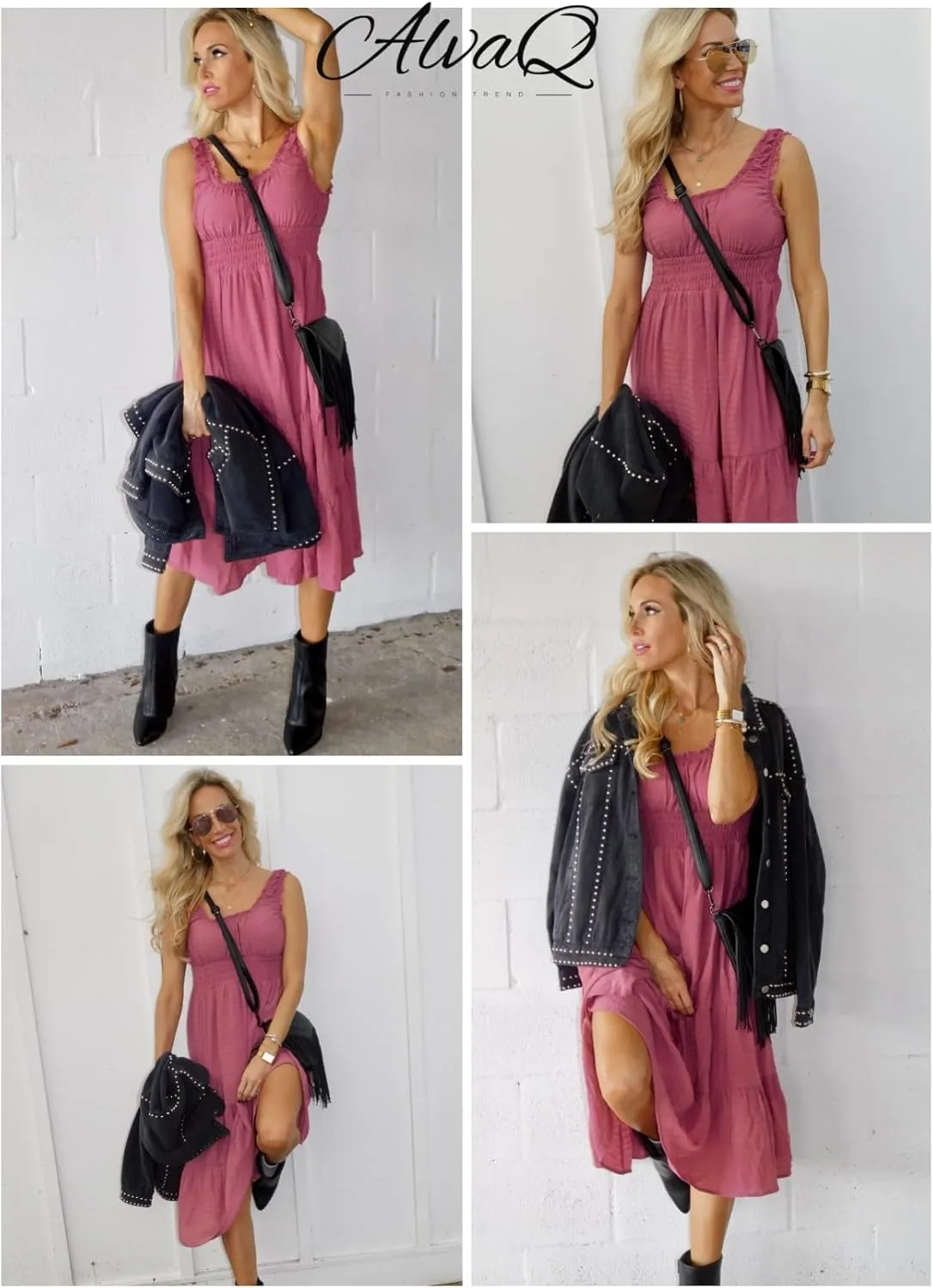 AlvaQ Women Summer Dresses Sleeveless Smocked Midi Dress High Waist Casual Tiered A Line Sundress with Pockets