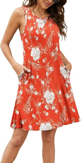 BEUFRI Sundress for Women Summer Casual Sleeveless Swing T Shirt Dresses Beach Cover up Tank Dress with Pockets