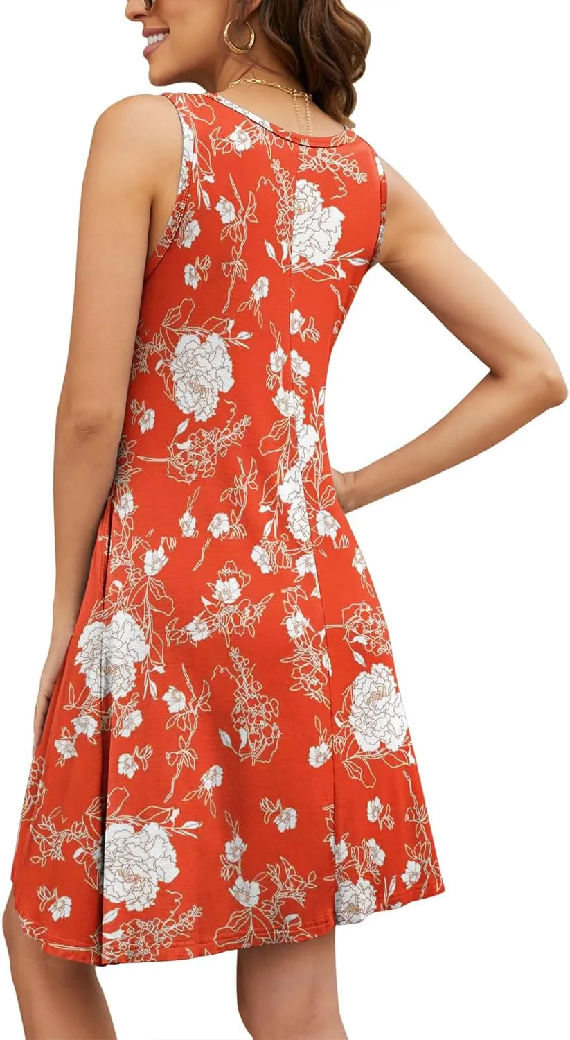 BEUFRI Sundress for Women Summer Casual Sleeveless Swing T Shirt Dresses Beach Cover up Tank Dress with Pockets