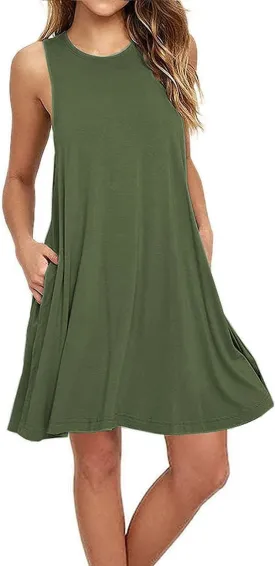 BEUFRI Sundress for Women Summer Casual Sleeveless Swing T Shirt Dresses Beach Cover up Tank Dress with Pockets