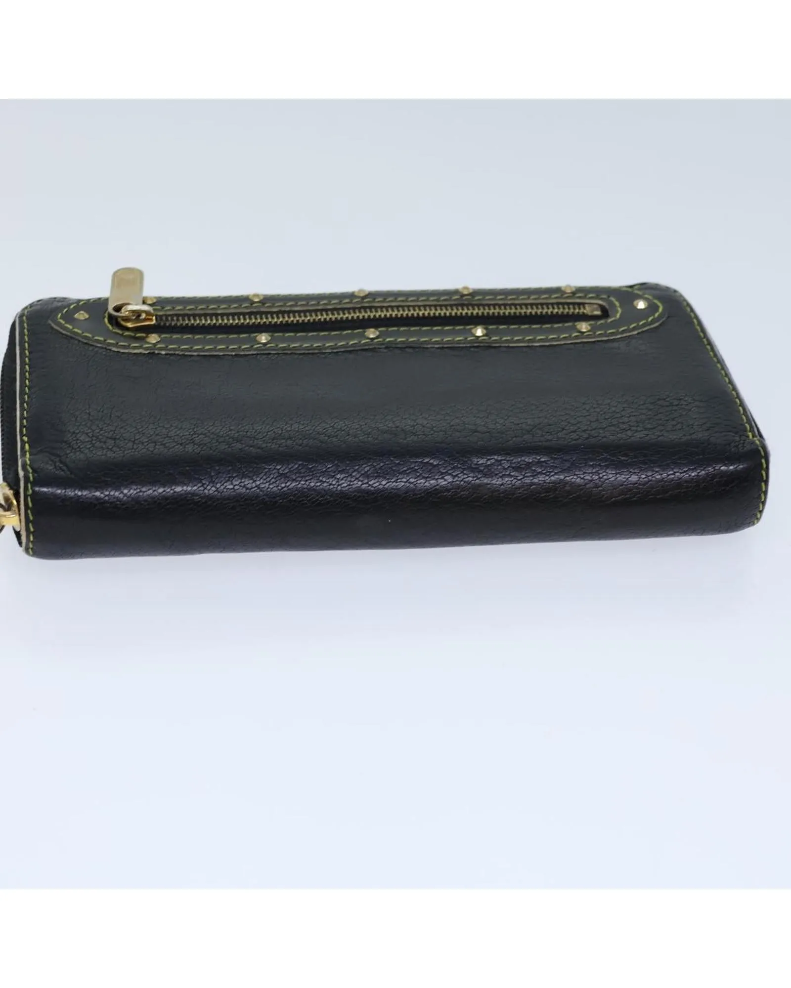 Black Leather Long Wallet with Zipper Closure and Multiple Card Slots