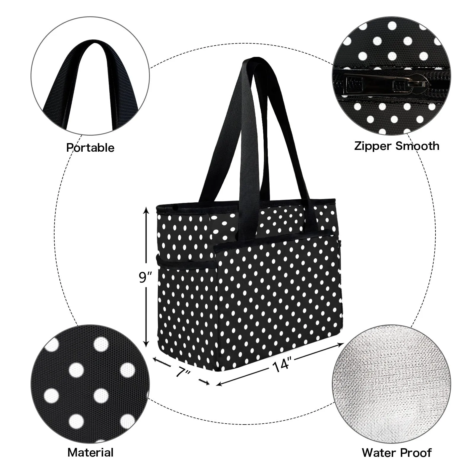 Black With White Polka Dots Large Capacity Insulated Tote Bag