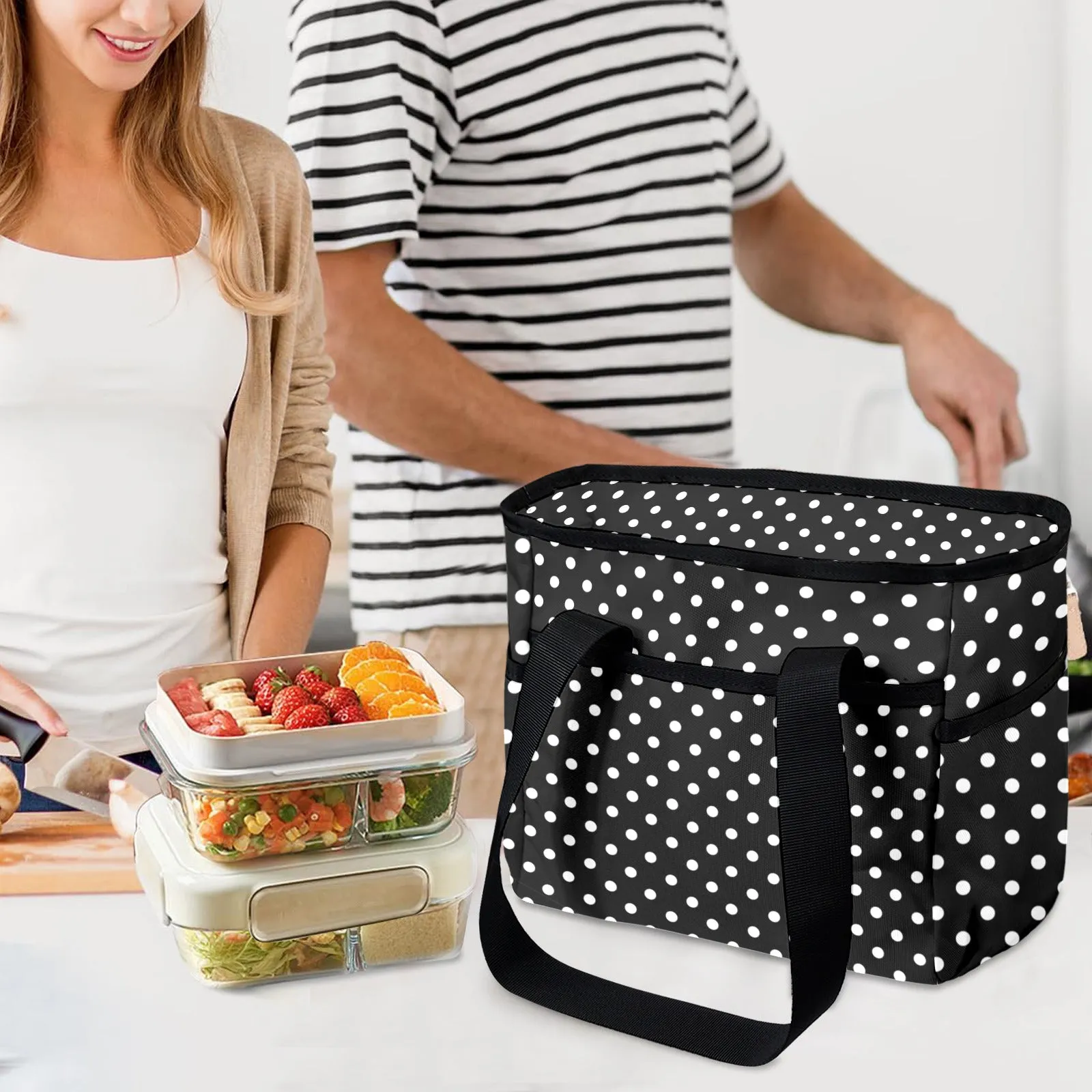 Black With White Polka Dots Large Capacity Insulated Tote Bag