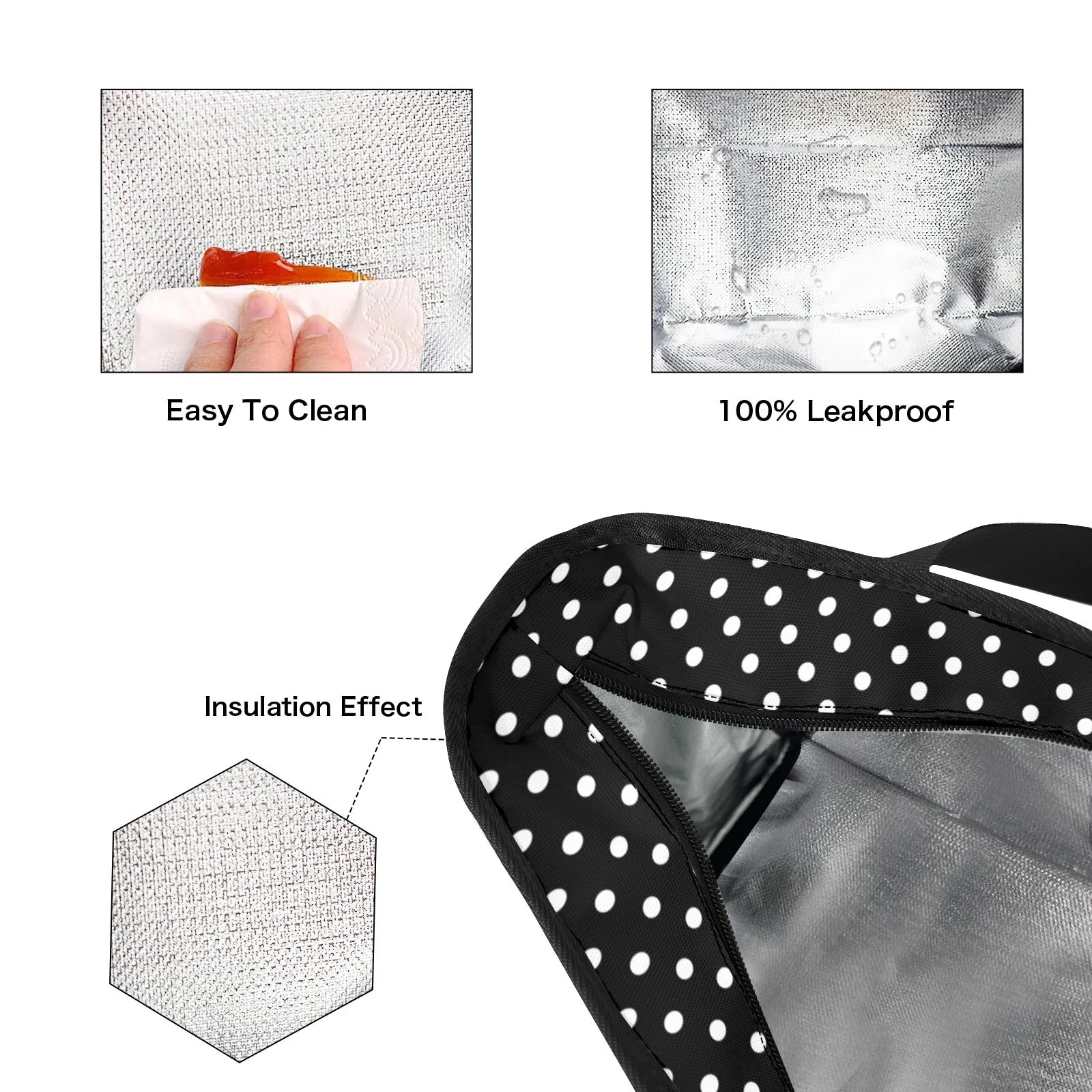 Black With White Polka Dots Large Capacity Insulated Tote Bag