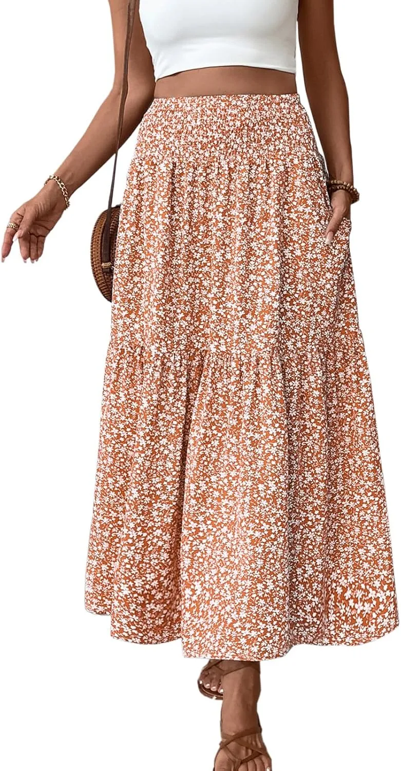 Blostirno Women's Floral Long Skirt Smocked Elastic High Waist Summer Boho Tiered Flowy Casual Maxi Skirts with Pockets
