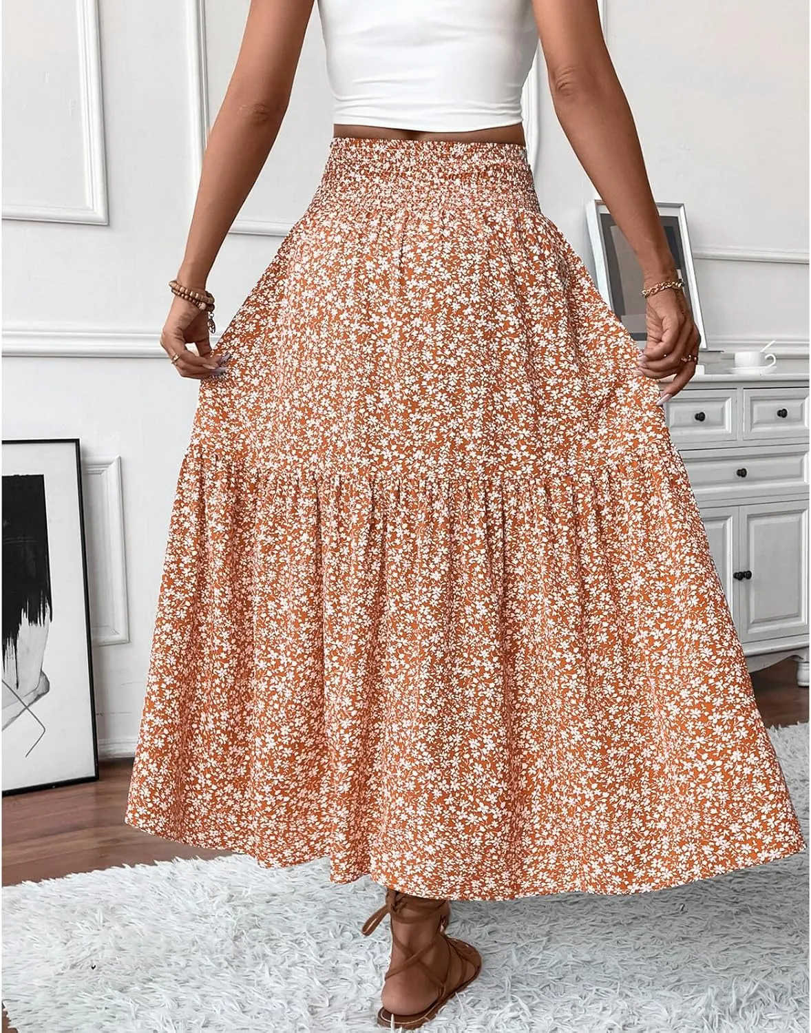 Blostirno Women's Floral Long Skirt Smocked Elastic High Waist Summer Boho Tiered Flowy Casual Maxi Skirts with Pockets