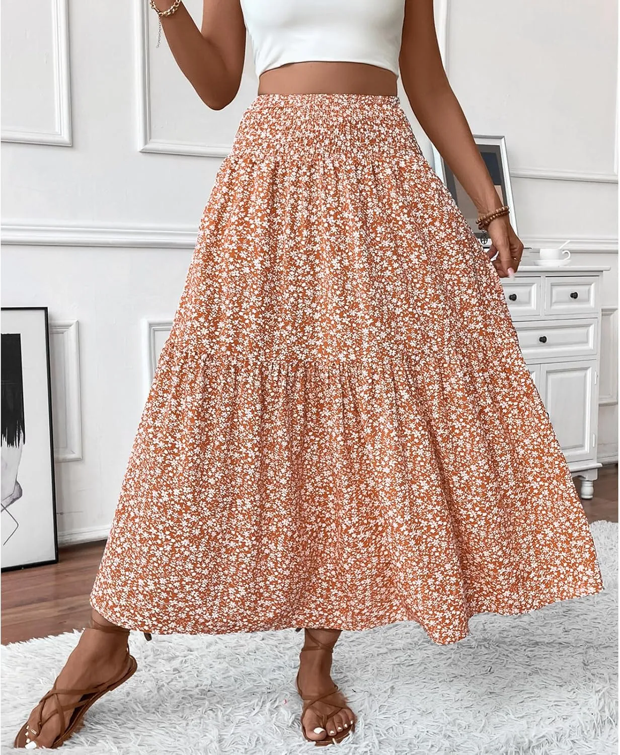 Blostirno Women's Floral Long Skirt Smocked Elastic High Waist Summer Boho Tiered Flowy Casual Maxi Skirts with Pockets