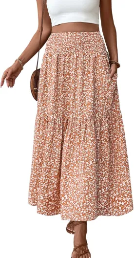 Blostirno Women's Floral Long Skirt Smocked Elastic High Waist Summer Boho Tiered Flowy Casual Maxi Skirts with Pockets