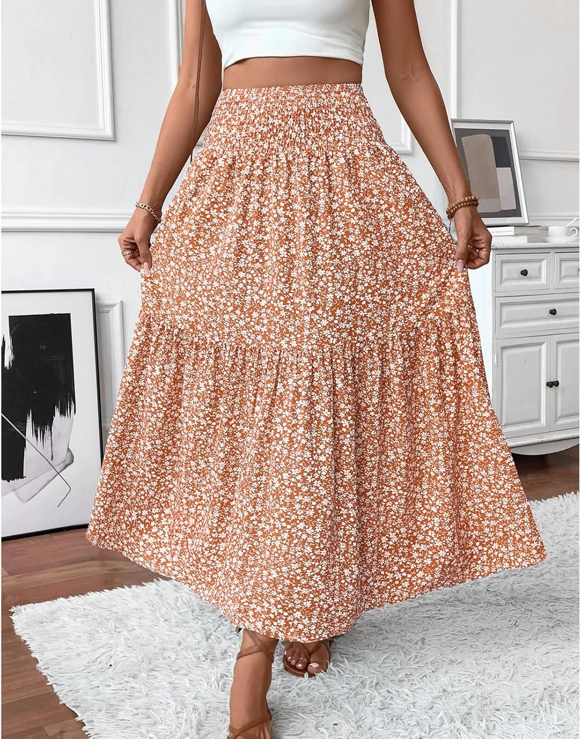 Blostirno Women's Floral Long Skirt Smocked Elastic High Waist Summer Boho Tiered Flowy Casual Maxi Skirts with Pockets