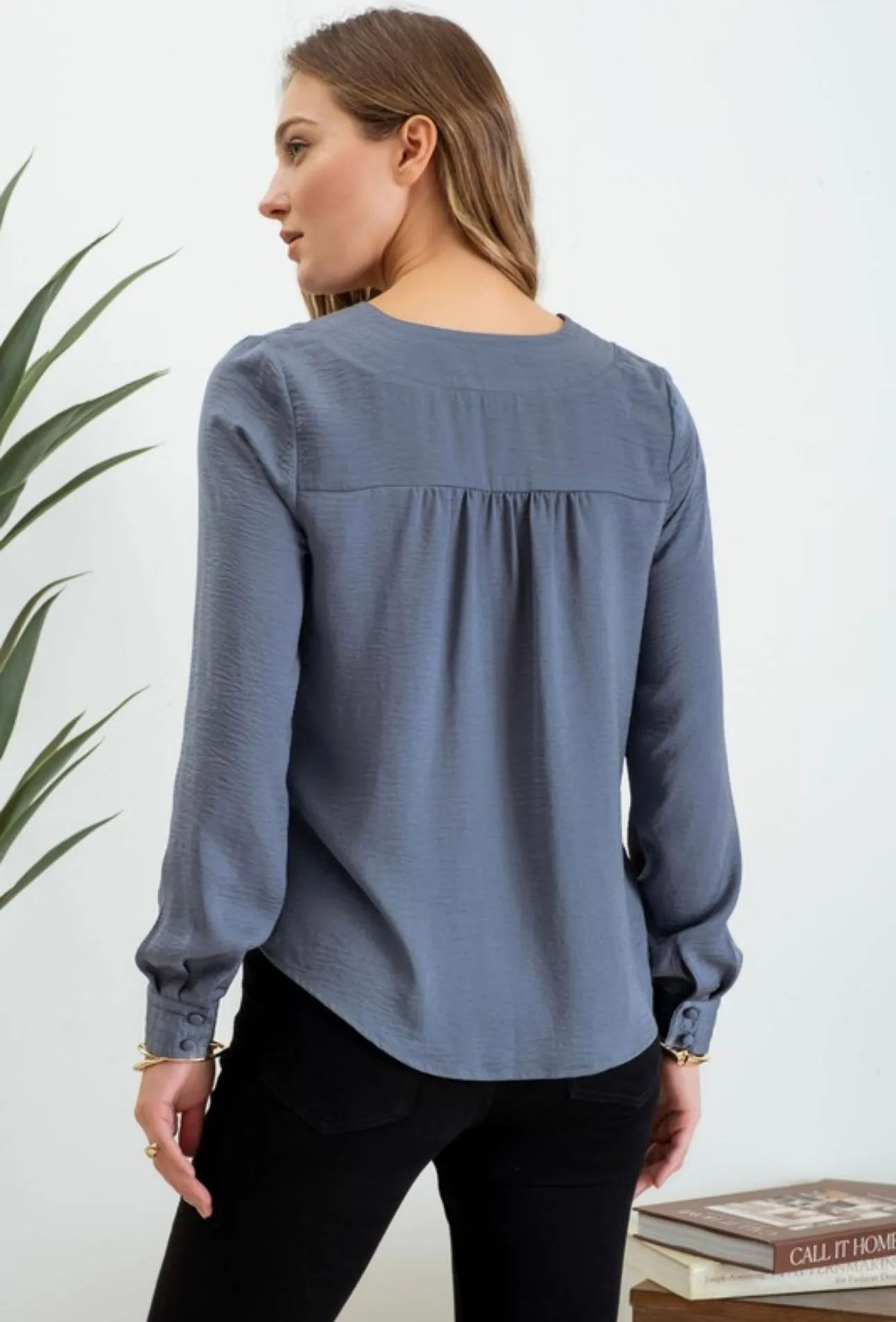 Blue Satin Vneck Blouse