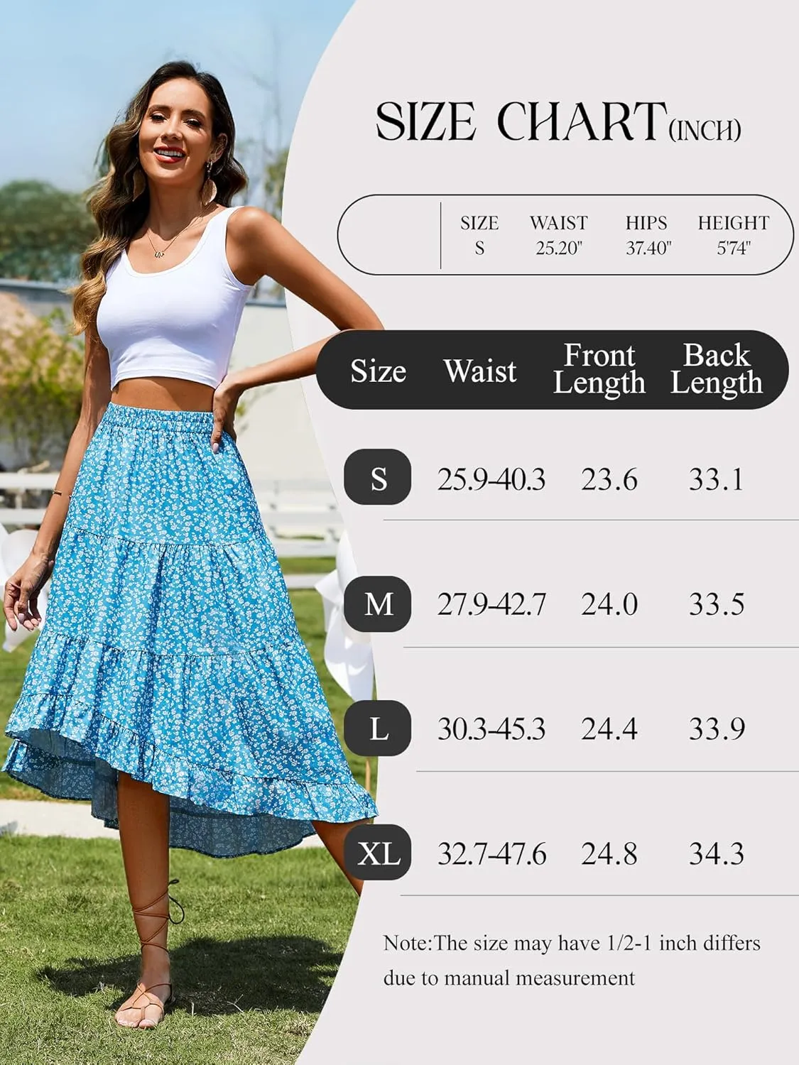 Boho Midi Skirt for Women Floral Long Summer Beach Skirts Elastic High Waist Casual Flowy Skirt High Low Hem