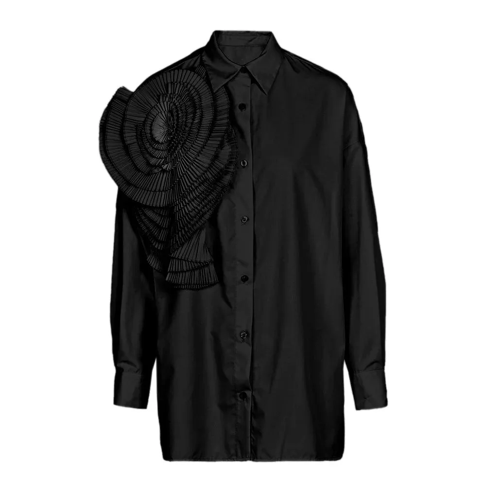 Casual Solid Spliced Appliques Shirts For Women Lapel Long Sleeve Patchwork Single Button Straight Blouses Female Fashion
