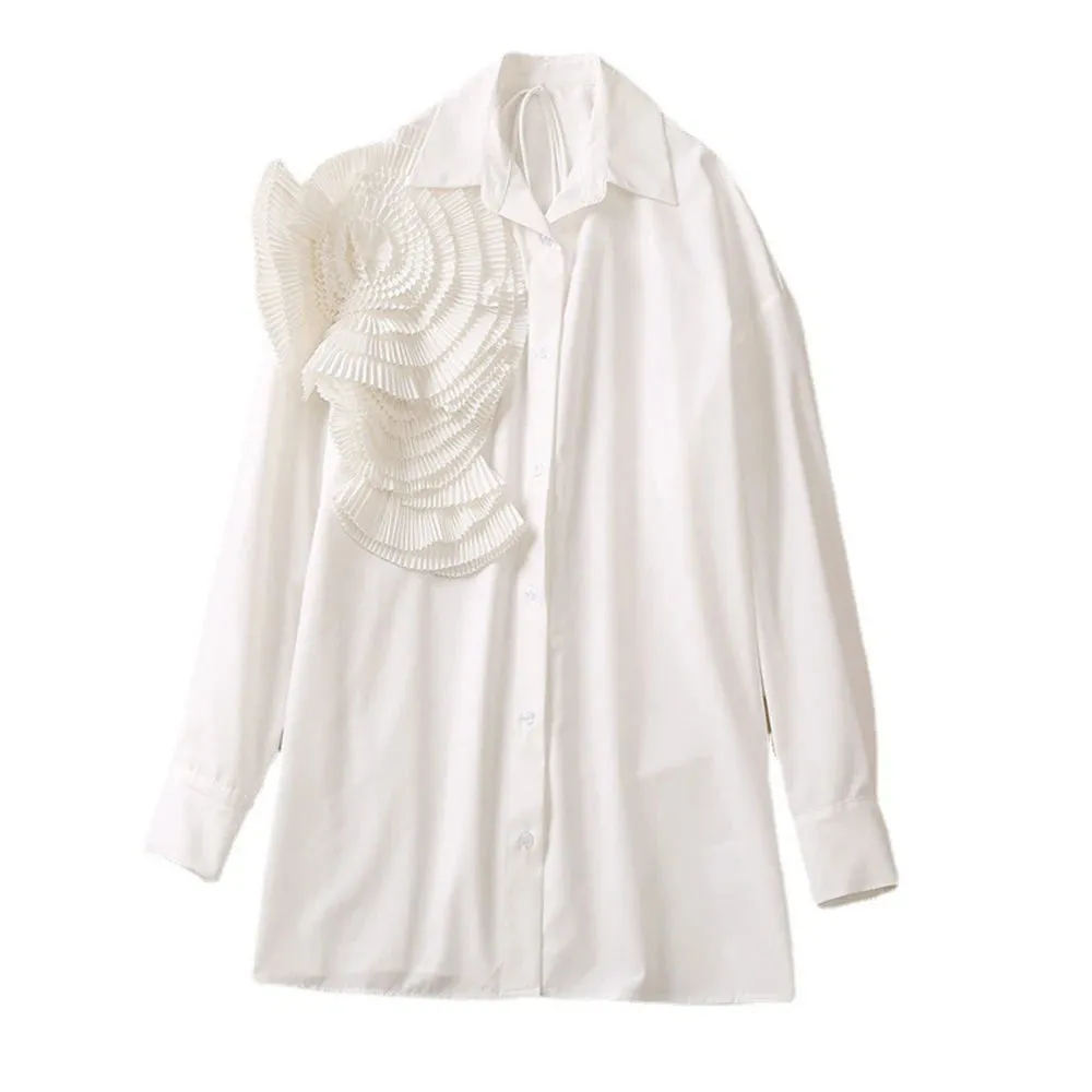 Casual Solid Spliced Appliques Shirts For Women Lapel Long Sleeve Patchwork Single Button Straight Blouses Female Fashion