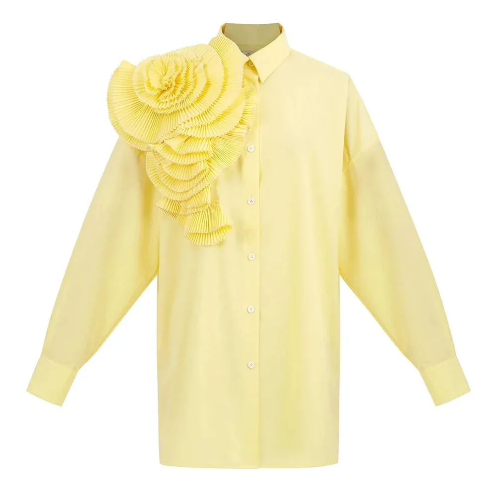 Casual Solid Spliced Appliques Shirts For Women Lapel Long Sleeve Patchwork Single Button Straight Blouses Female Fashion