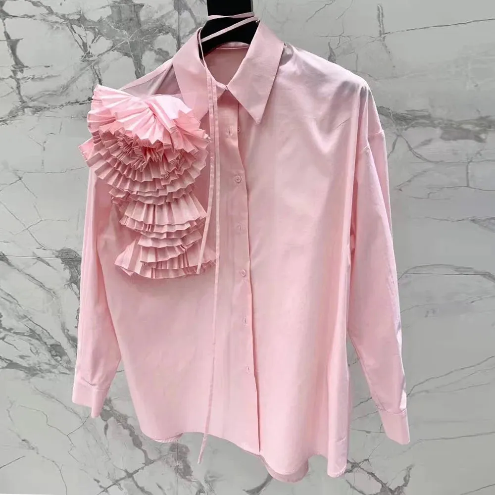 Casual Solid Spliced Appliques Shirts For Women Lapel Long Sleeve Patchwork Single Button Straight Blouses Female Fashion