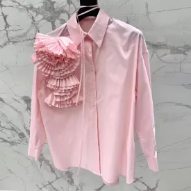 Casual Solid Spliced Appliques Shirts For Women Lapel Long Sleeve Patchwork Single Button Straight Blouses Female Fashion