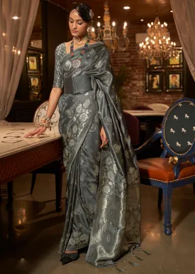 Charcoal Black Handloom Woven Satin Silk Saree