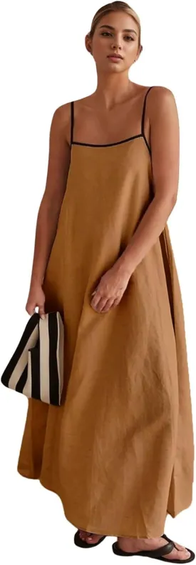 CHARTOU Women Summer Spaghetti Straps Linen Sleeveless Maxi Long Flowy Dress