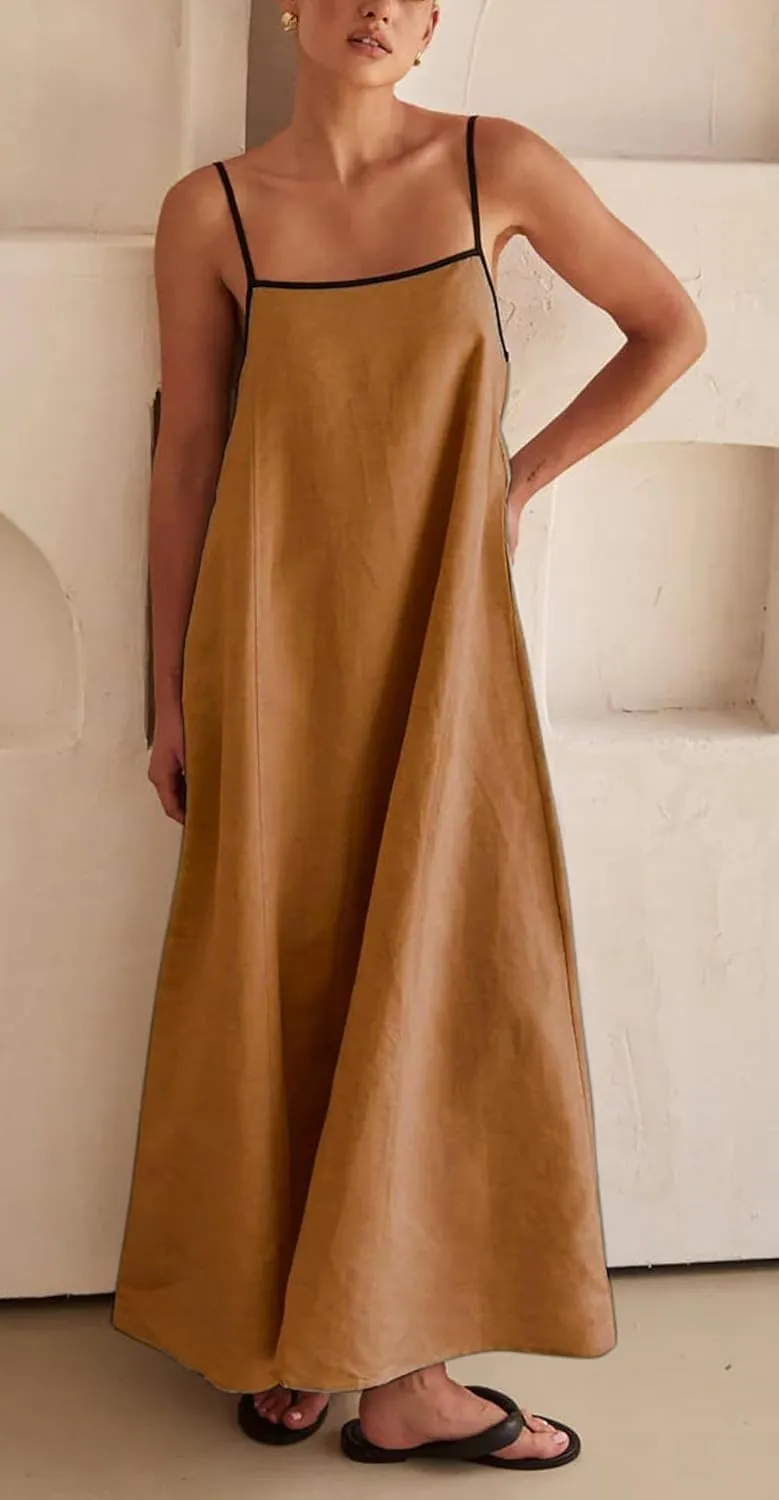 CHARTOU Women Summer Spaghetti Straps Linen Sleeveless Maxi Long Flowy Dress