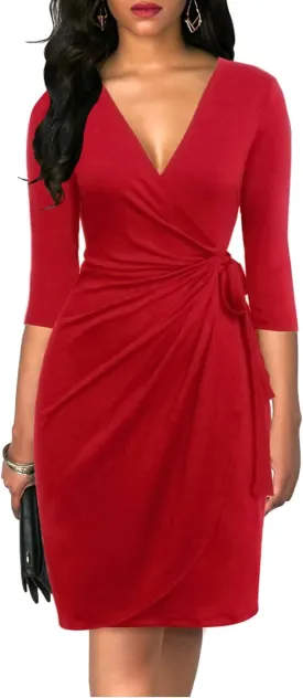 EeYu Women's Wrap Dress 2024 Trendy 3/4 Sleeves V-Neck Knee Length Casual Bodycon Ruched Dresses