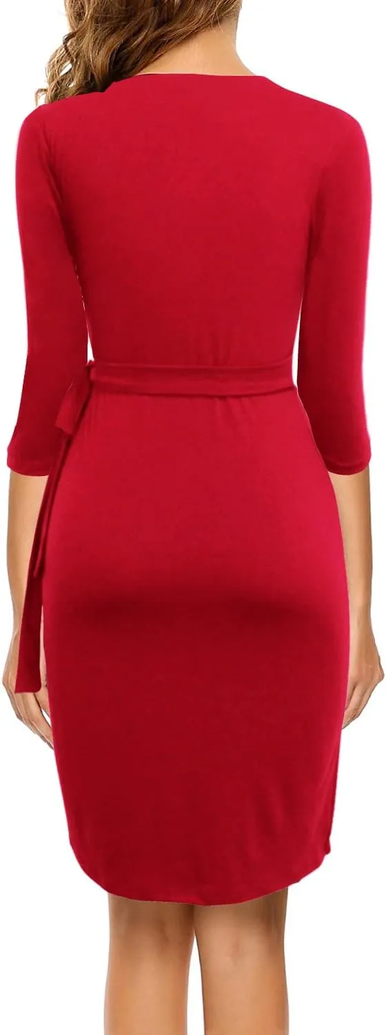 EeYu Women's Wrap Dress 2024 Trendy 3/4 Sleeves V-Neck Knee Length Casual Bodycon Ruched Dresses