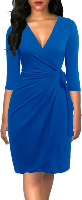 EeYu Women's Wrap Dress 2024 Trendy 3/4 Sleeves V-Neck Knee Length Casual Bodycon Ruched Dresses