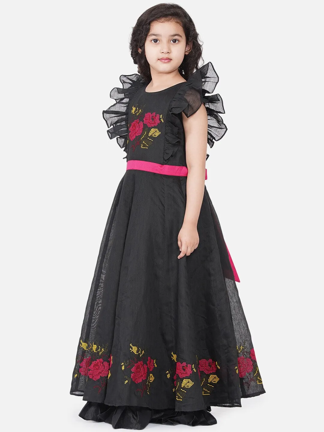 Girls Black Embroidered Flutter Sleeves Maxi Dress