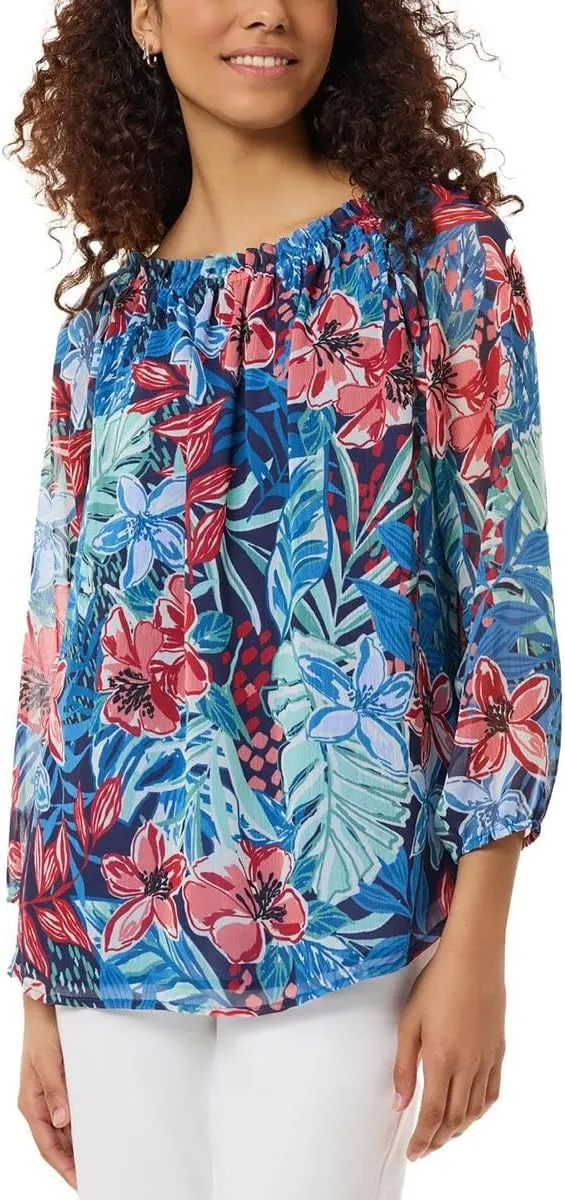 High Neckline Blouse with Floral Design