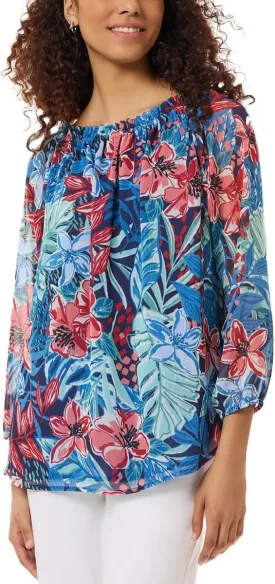 High Neckline Blouse with Floral Design