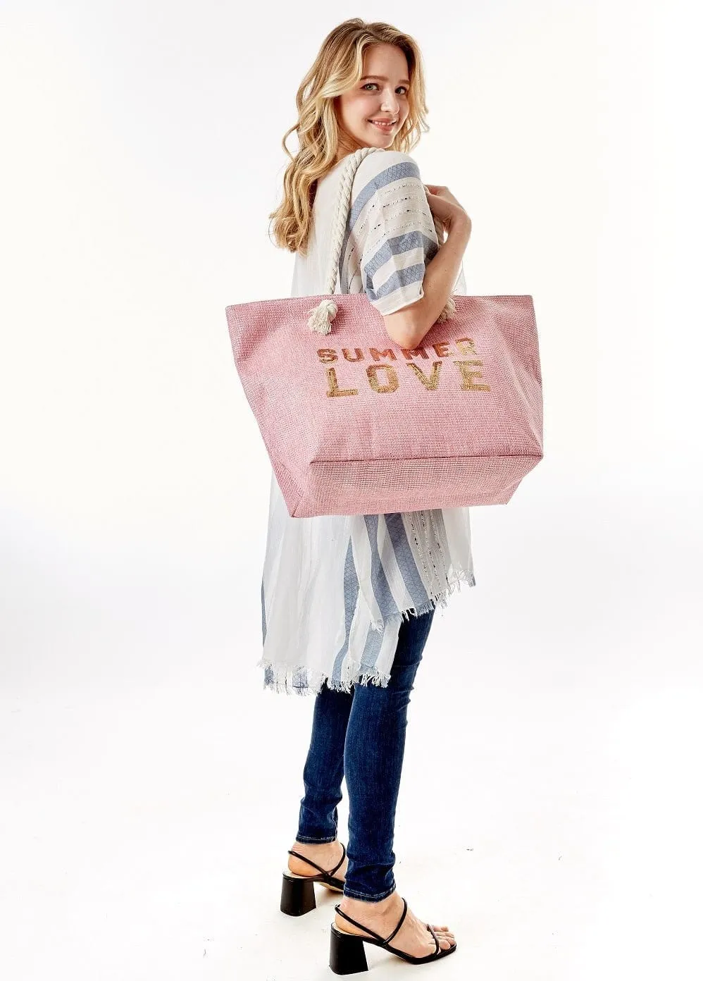 LOA375 Glitz Sequins Letter 'Summer Love' Beach Tote Bag