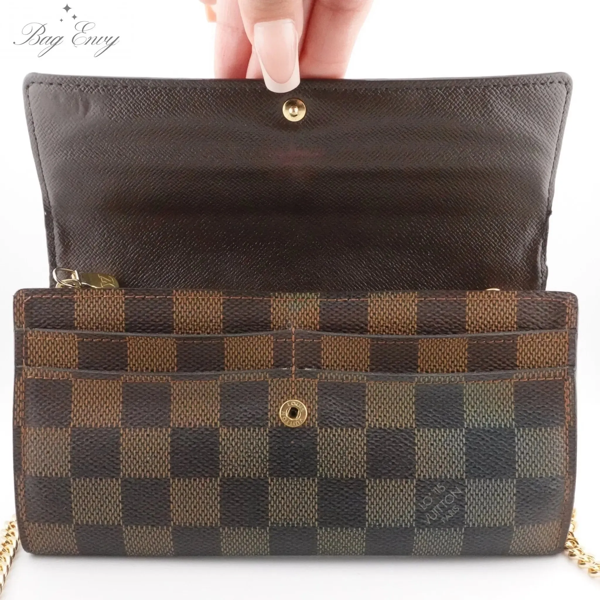 LOUIS VUITTON Damier Ebene Sarah Wallet with Chain