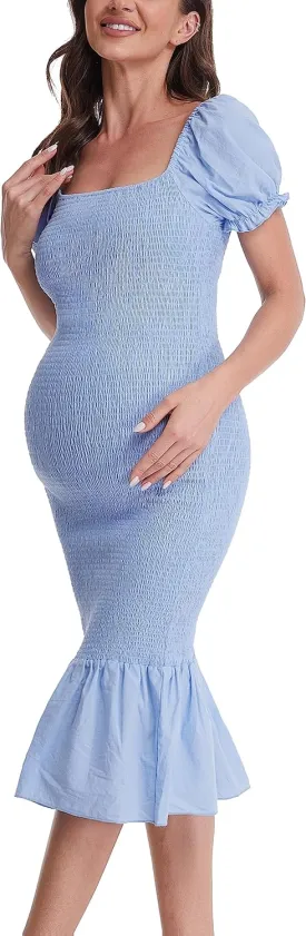 Maternity Summer Midi Bodycon Dresses, Short Puff Sleeve Square Neck Ruffle Hem Mermaid Baby Shower Dress