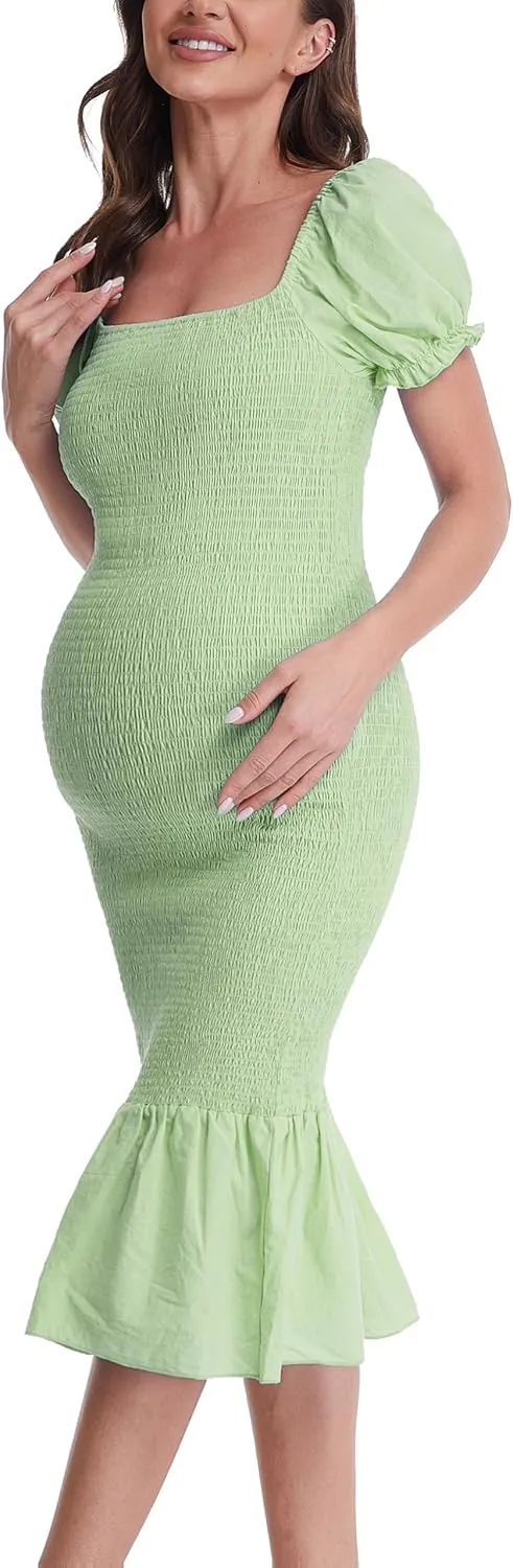 Maternity Summer Midi Bodycon Dresses, Short Puff Sleeve Square Neck Ruffle Hem Mermaid Baby Shower Dress