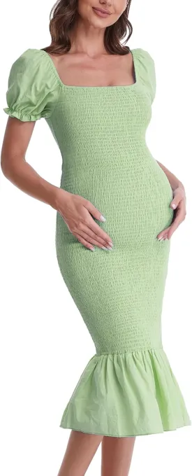 Maternity Summer Midi Bodycon Dresses, Short Puff Sleeve Square Neck Ruffle Hem Mermaid Baby Shower Dress