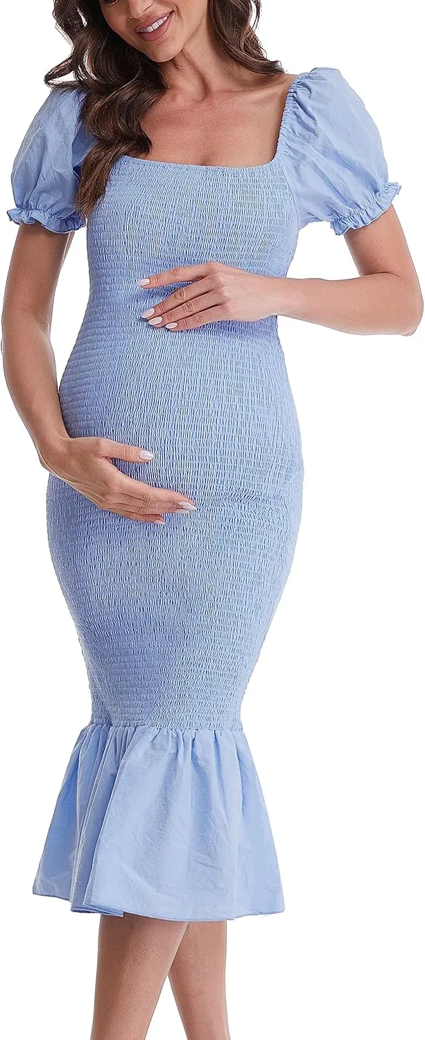 Maternity Summer Midi Bodycon Dresses, Short Puff Sleeve Square Neck Ruffle Hem Mermaid Baby Shower Dress