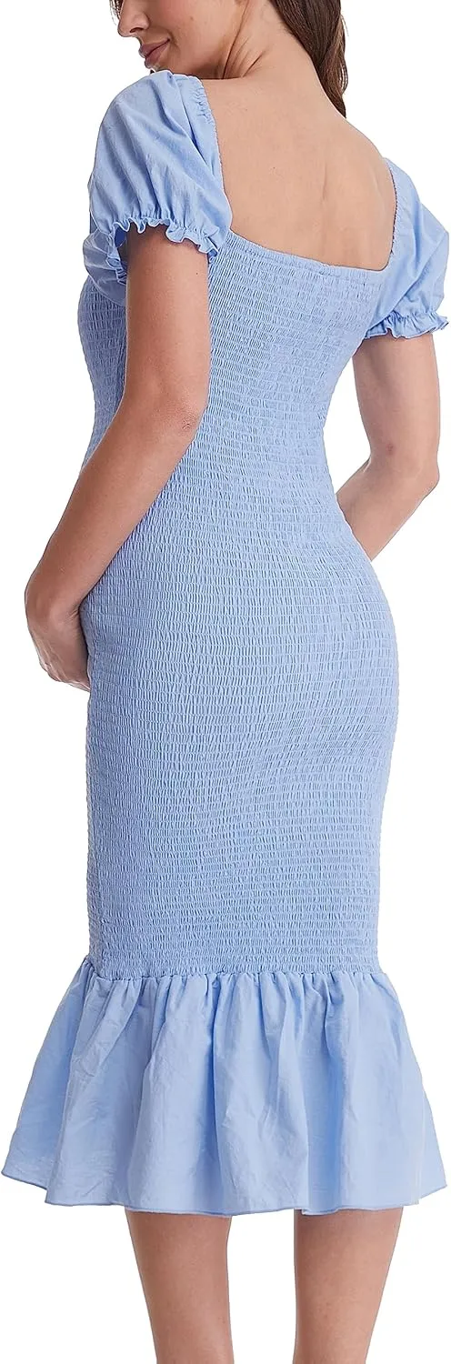Maternity Summer Midi Bodycon Dresses, Short Puff Sleeve Square Neck Ruffle Hem Mermaid Baby Shower Dress