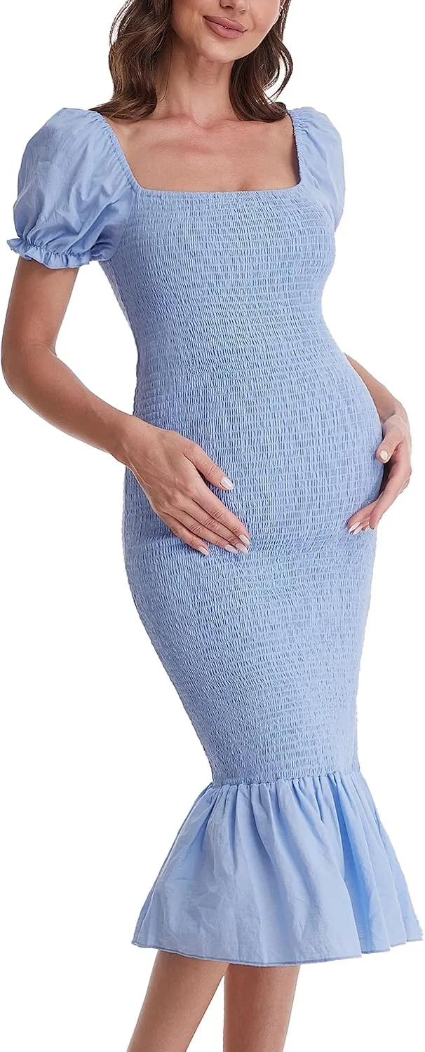 Maternity Summer Midi Bodycon Dresses, Short Puff Sleeve Square Neck Ruffle Hem Mermaid Baby Shower Dress