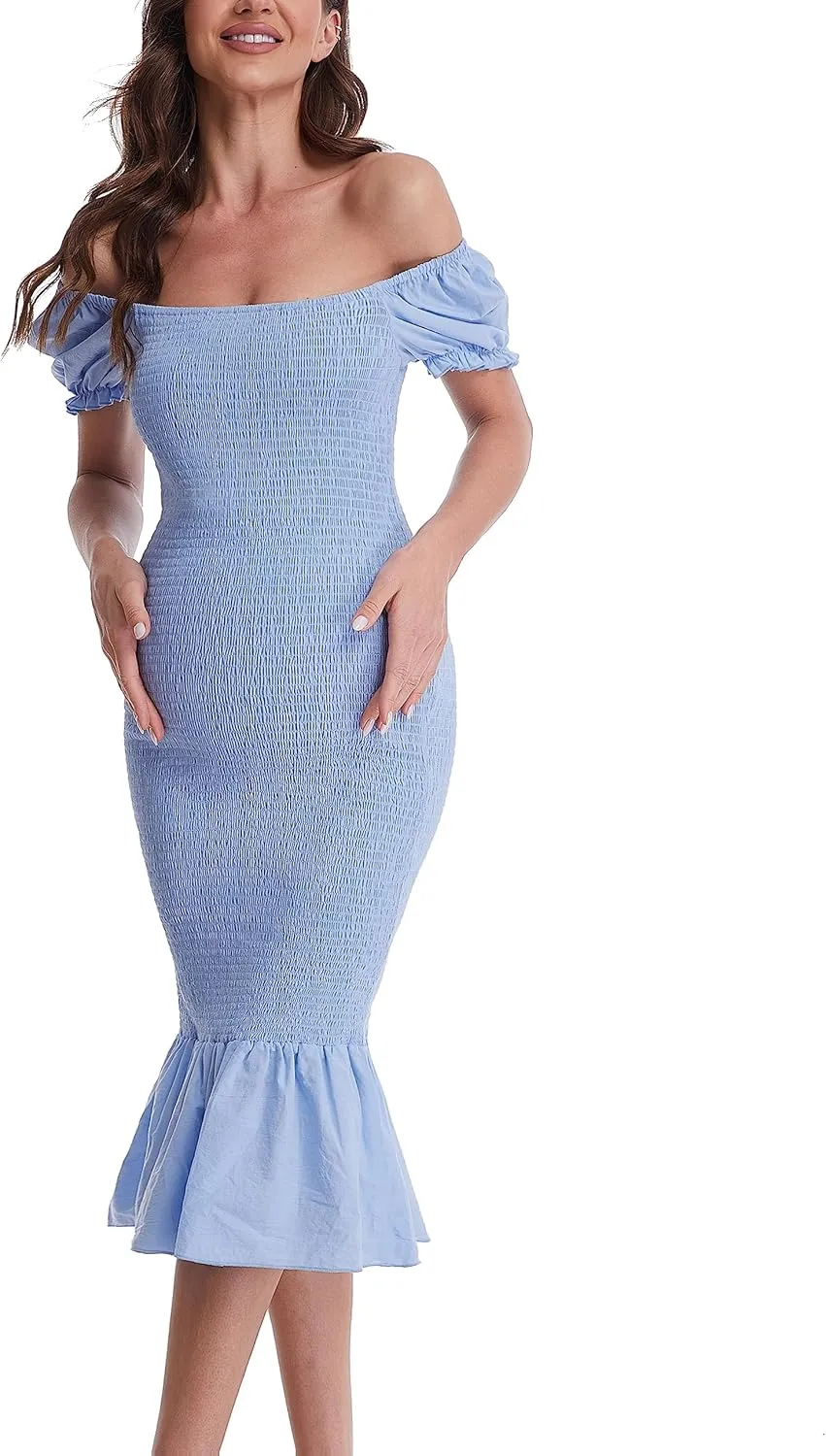 Maternity Summer Midi Bodycon Dresses, Short Puff Sleeve Square Neck Ruffle Hem Mermaid Baby Shower Dress