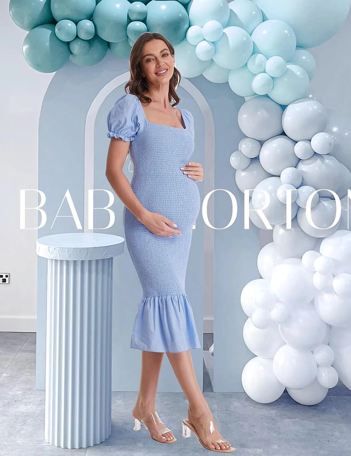 Maternity Summer Midi Bodycon Dresses, Short Puff Sleeve Square Neck Ruffle Hem Mermaid Baby Shower Dress