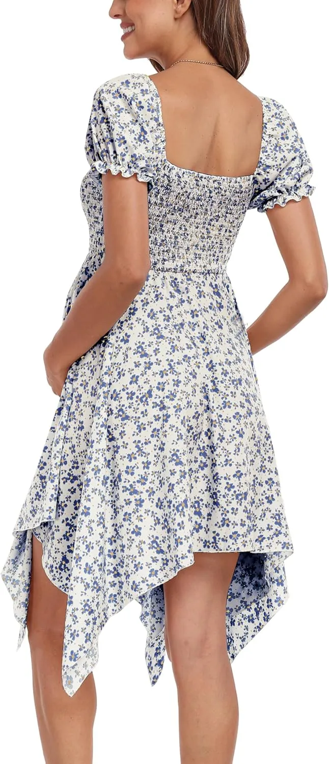 Maternity Summer Short Puff Sleeve Floral Maternity Dress, Square Neck Flowy Irregular Hem Baby Shower Dress