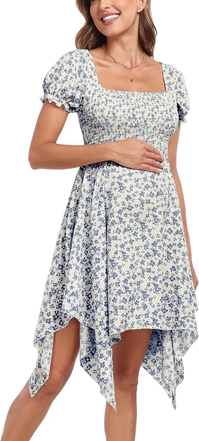 Maternity Summer Short Puff Sleeve Floral Maternity Dress, Square Neck Flowy Irregular Hem Baby Shower Dress