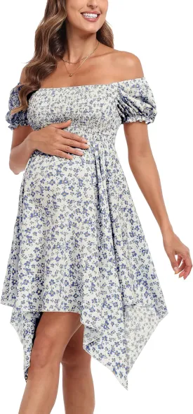 Maternity Summer Short Puff Sleeve Floral Maternity Dress, Square Neck Flowy Irregular Hem Baby Shower Dress