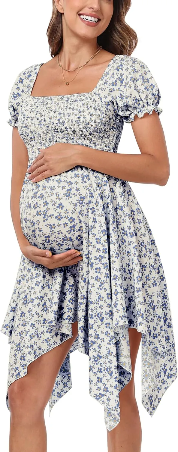 Maternity Summer Short Puff Sleeve Floral Maternity Dress, Square Neck Flowy Irregular Hem Baby Shower Dress