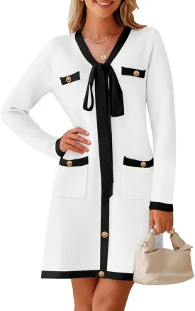 MEROKEETY Women Long Sleeve Color Block Sweater Dress Button Bow Tie Elegant Formal Work Mini Dresses