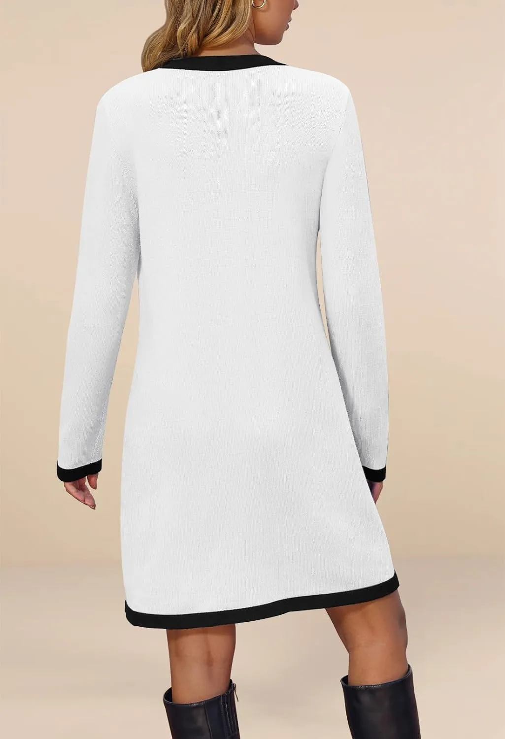 MEROKEETY Women Long Sleeve Color Block Sweater Dress Button Bow Tie Elegant Formal Work Mini Dresses