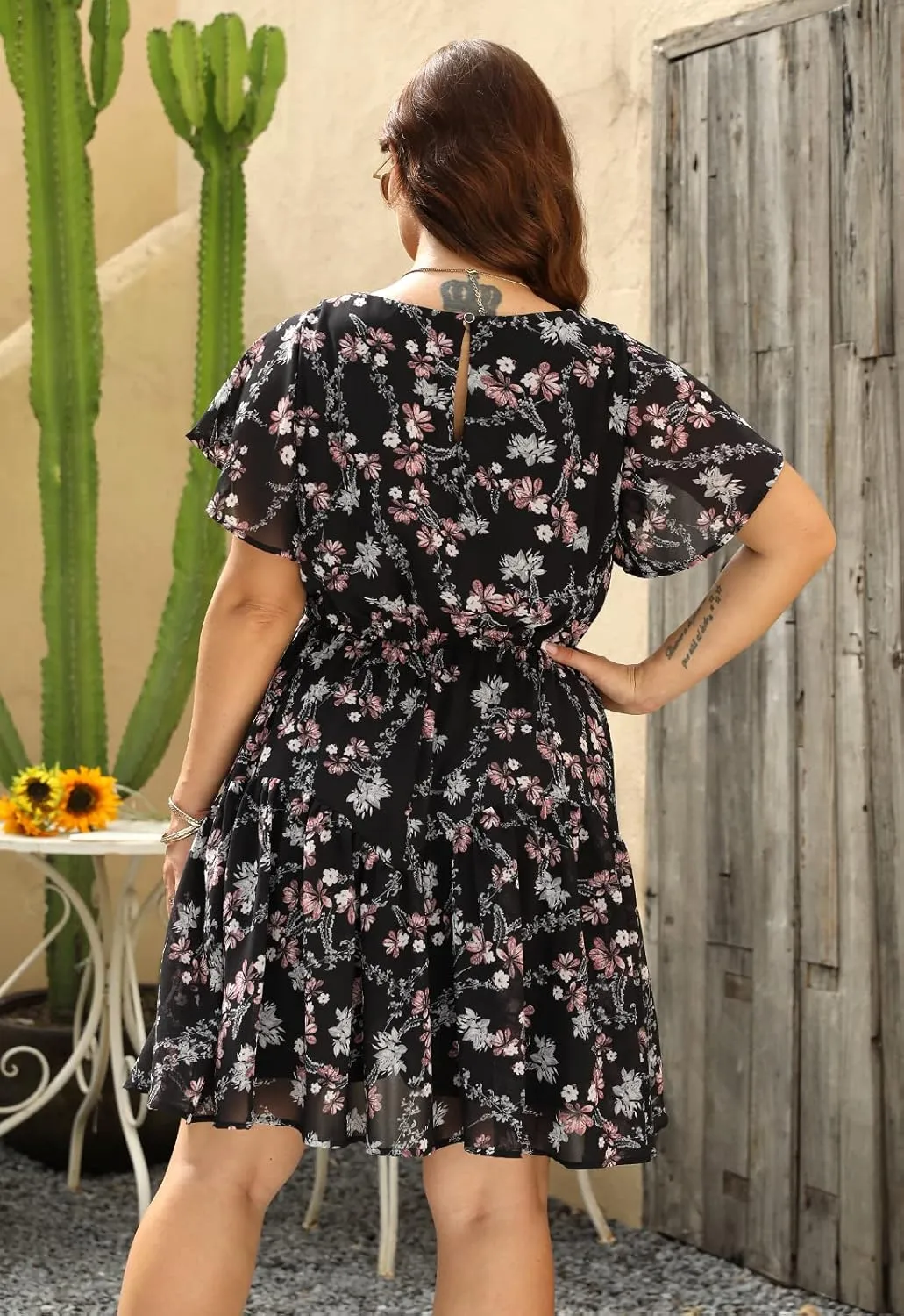Nemidor Plus Size Summer Dresses for Curvy Women Casual Boho Midi Chiffon Print Floral Dress with Ruffle Sleeve 14-26