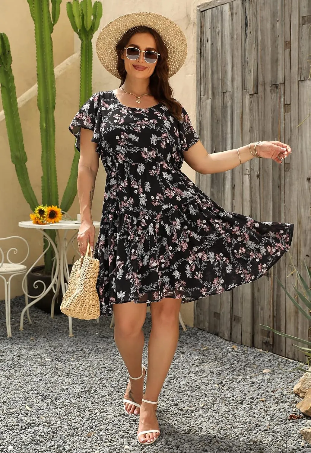 Nemidor Plus Size Summer Dresses for Curvy Women Casual Boho Midi Chiffon Print Floral Dress with Ruffle Sleeve 14-26